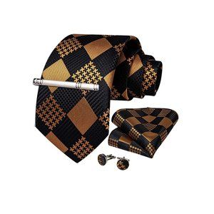 Men's Silk Tie + Pocket Square + Cufflinks + Tie Clip 4 Piece Set